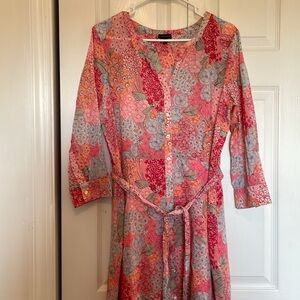 Women’s 12 Talbots pink floral midi dress 3/4 sleeves belt ruffle button tunic